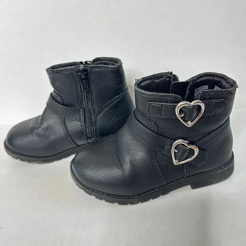 Black Silver Size 8 Kids Girls Lil Natalie Heart Buckled Moto Ankle Boot Bootie